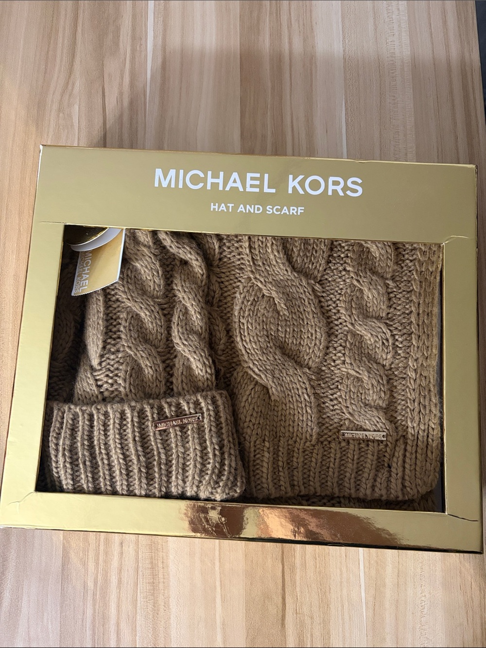 Michael Kors Camel Cable Knit Hat & Scarf Set